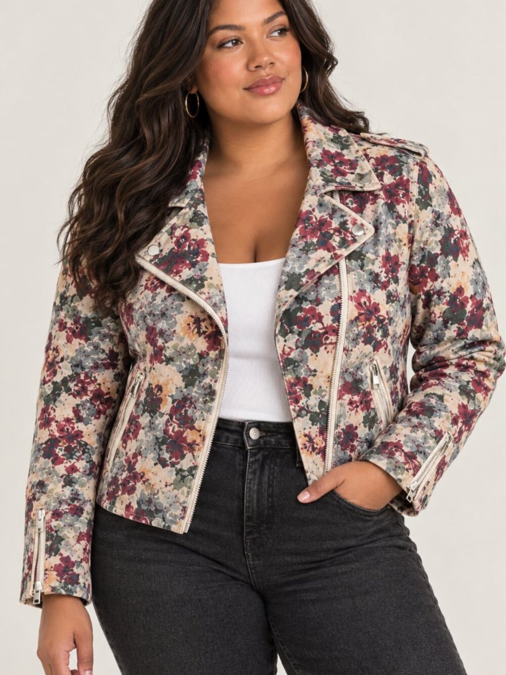 Colleen Lopez Plus 2X Faux Suede Floral Moto Jacket Full Zip Edgy Romantic
